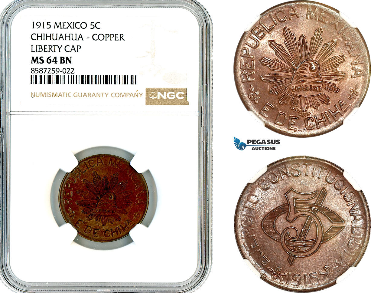 AL499, Mexico, Chihuahua, 5 Centavos 1915, Liberty Cap, Copper, NGC MS64BN