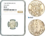 AL500, Netherlands, Holland, 2 Stuivers 1744, Dordrecht Mint, Silver, NGC MS62
