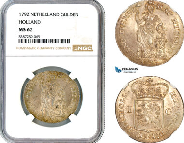 AL501, Netherlands, Holland, 1 Gulden 1792, Dordrecht Mint, Silver, NGC MS62