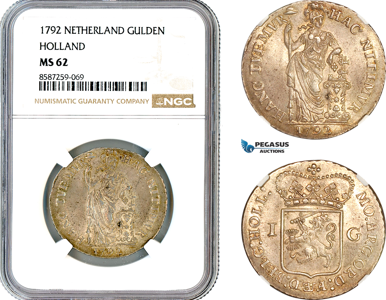 AL501, Netherlands, Holland, 1 Gulden 1792, Dordrecht Mint, Silver, NGC MS62