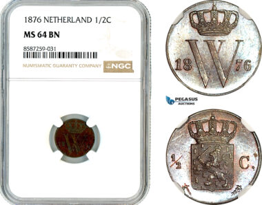 AL502, Netherlands, Willem III, 1/2 Cent 1876, Utrecht Mint, NGC MS64BN