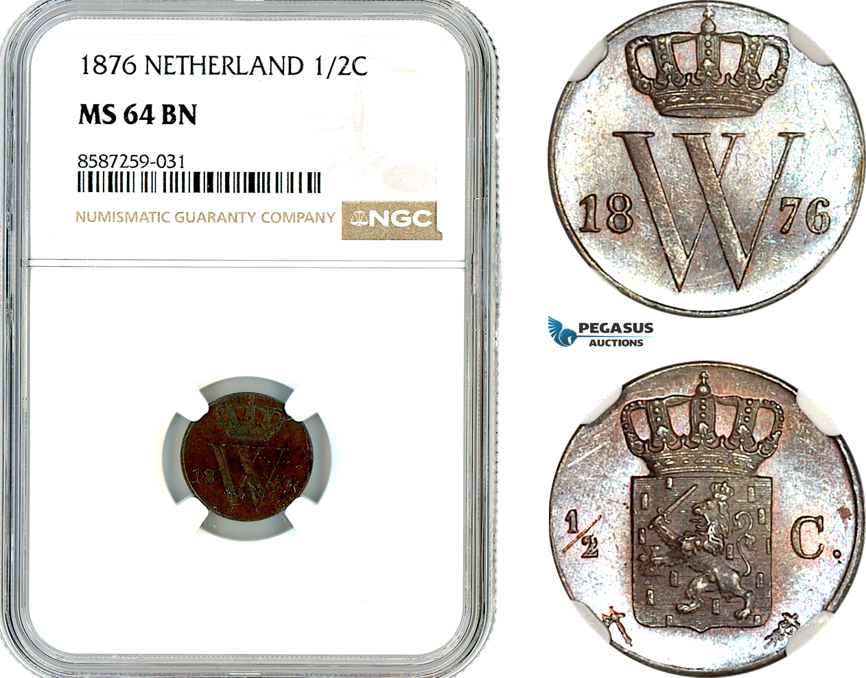 AL502, Netherlands, Willem III, 1/2 Cent 1876, Utrecht Mint, NGC MS64BN