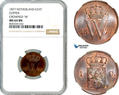 AL504, Netherlands, Willem III, 1 Cent 1877, Utrecht Mint, Crowned "W" NGC MS64BN