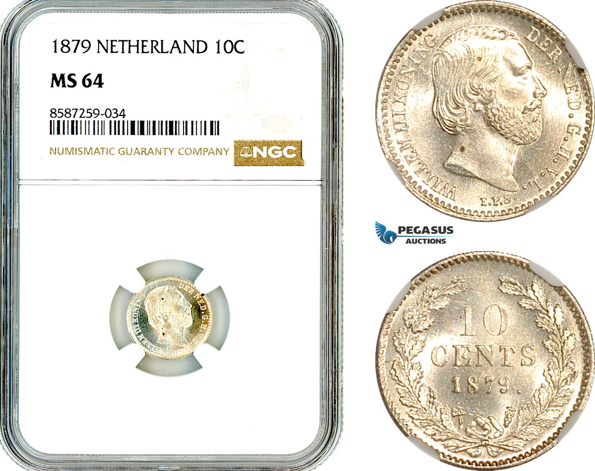 AL505, Netherlands, Willem III, 10 Cents 1879, Utrecht Mint, Silver, NGC MS64