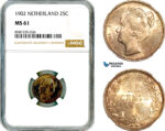 AL507, Netherlands, Wilhelmina, 25 Cents 1902, Utrecht Mint, Silver, NGC MS61