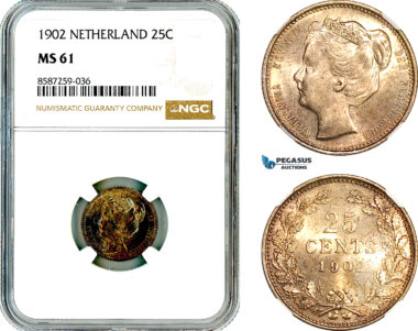 AL507, Netherlands, Wilhelmina, 25 Cents 1902, Utrecht Mint, Silver, NGC MS61