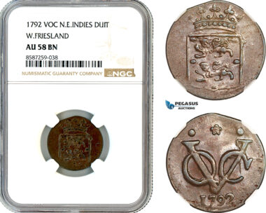 AL508, Netherlands East Indies, VOC, 1 Duit 1792, West Friesland Arms, NGC AU58BN