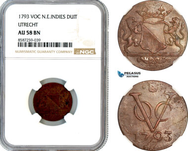 AL509, Netherlands East Indies, VOC, 1 Duit 1793, Utrecht Arms, NGC AU58BN