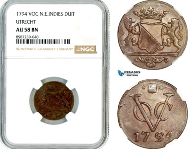 AL510, Netherlands East Indies, VOC, 1 Duit 1794, Utrecht Arms, NGC AU58BN