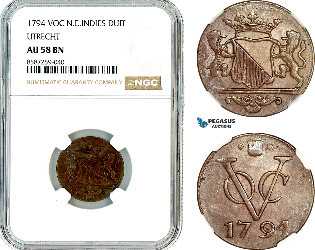 AL510, Netherlands East Indies, VOC, 1 Duit 1794, Utrecht Arms, NGC AU58BN