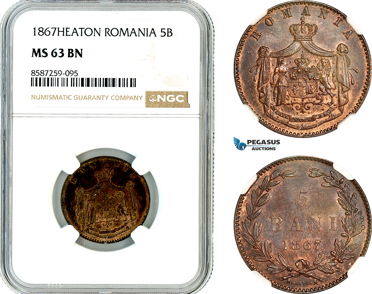 AL511, Romania, Carol I, 5 Bani 1867, Heaton Mint, NGC MS63BN