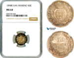 AL515, San Marino, 50 Centesimi 1898 R, Rome Mint, Silver, NGC MS64, Prooflike!