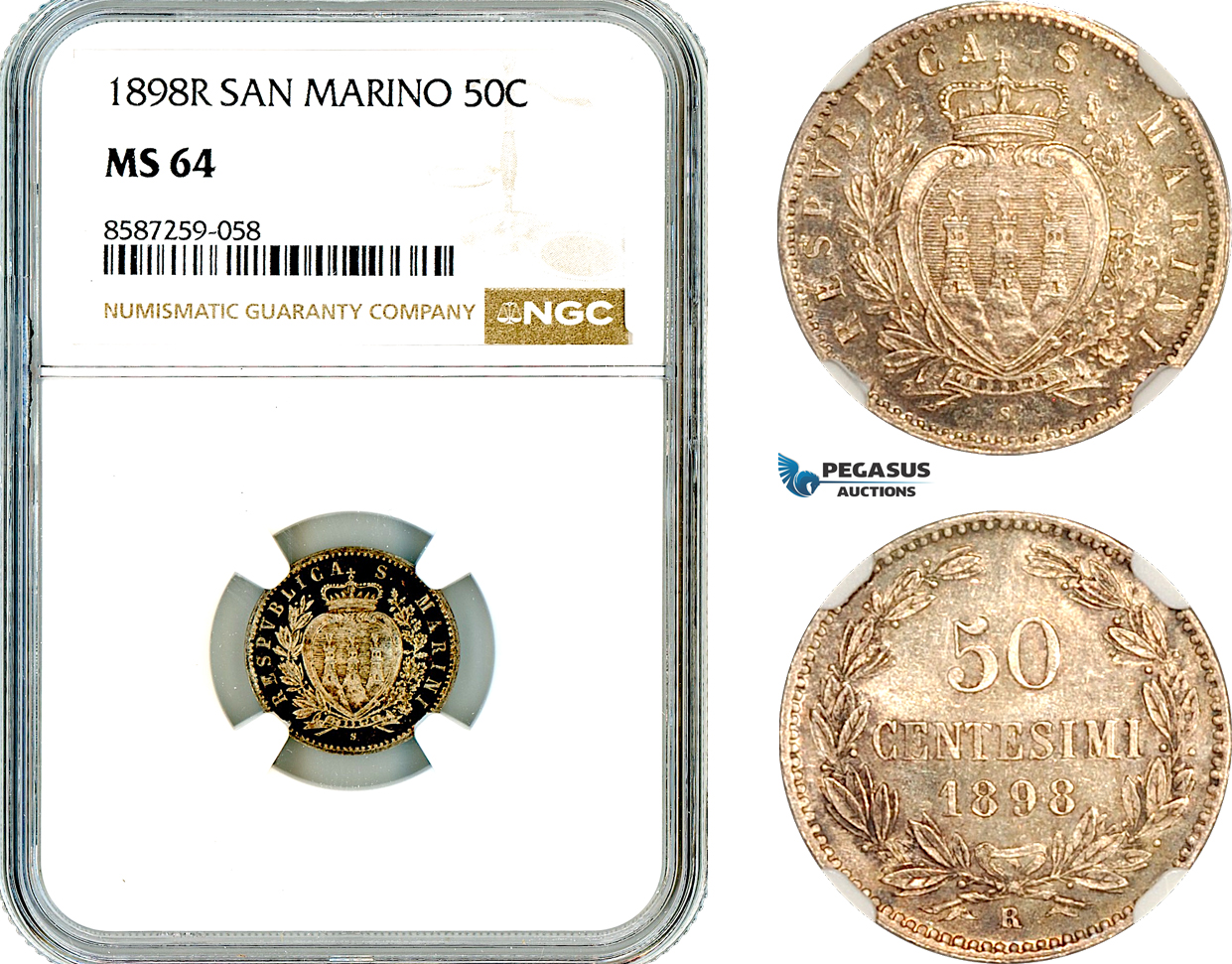 AL515, San Marino, 50 Centesimi 1898 R, Rome Mint, Silver, NGC MS64, Prooflike!