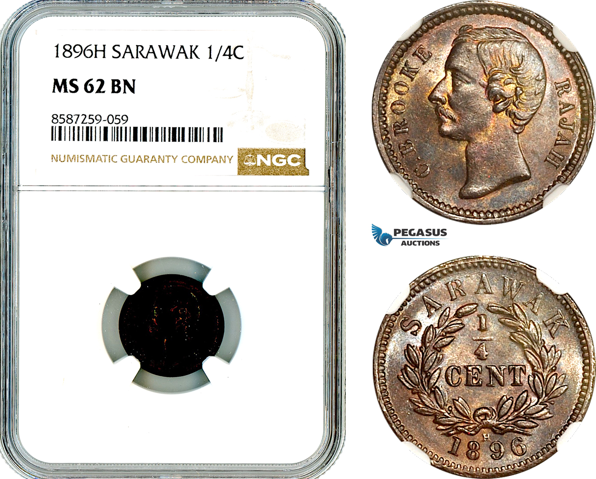 AL516, Sarawak, C. Brooke Rajah, 1/4 Cent 1896 H, Heaton Mint, NGC MS62BN