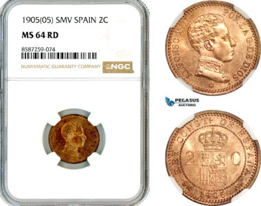 AL517, Spain, Alfonso XIII, 2 Centimos 1905 (05) SMV, Madrid Mint, NGC MS64RD