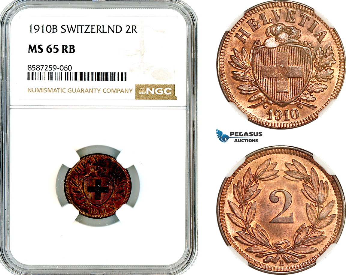 AL518, Switzerland, 2 Rappen 1910 B, Bern Mint, NGC MS65RB, Top Pop!