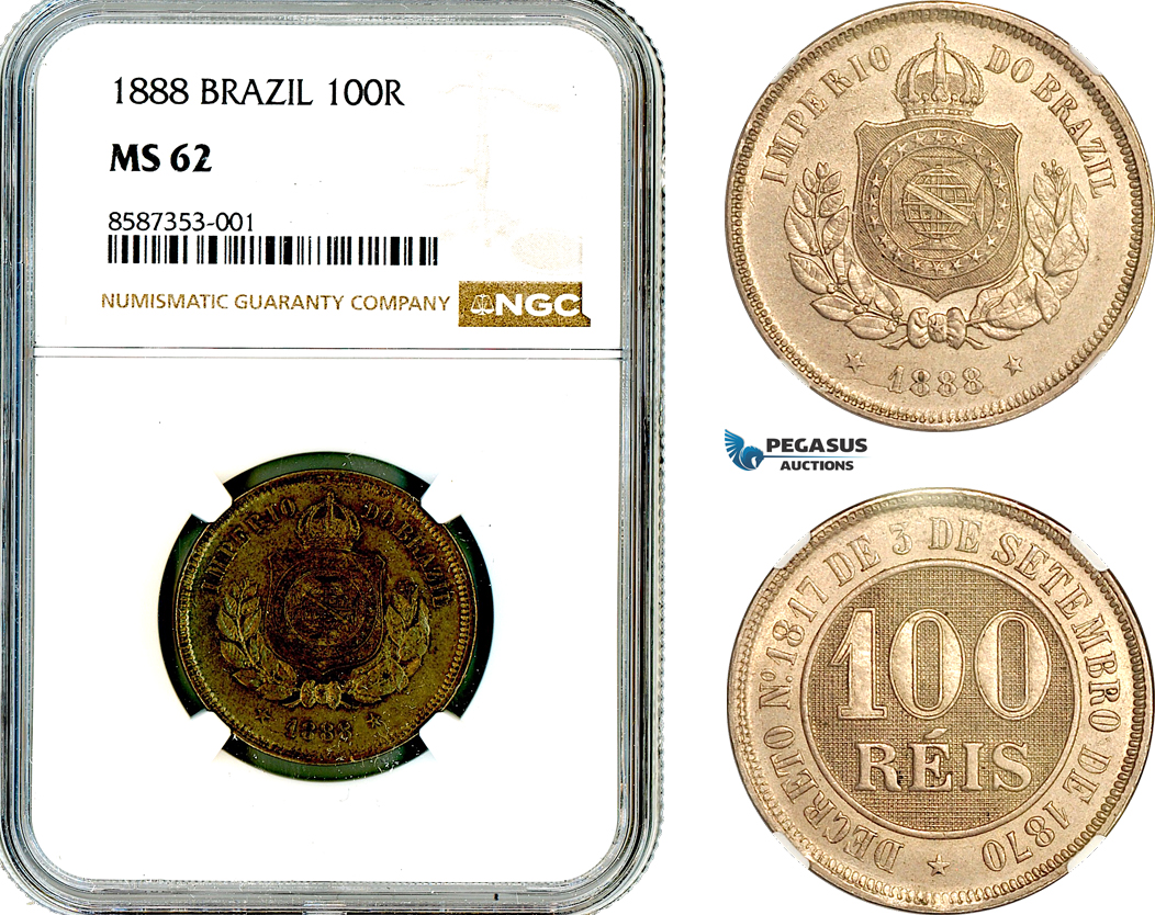 AL520, Brazil, Pedro II, 100 Reis 1888, Rio de Janeiro Mint, NGC MS62