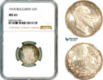 AL522, Bulgaria, Ferdinand I, 1 Lev 1910, Silver, NGC MS61