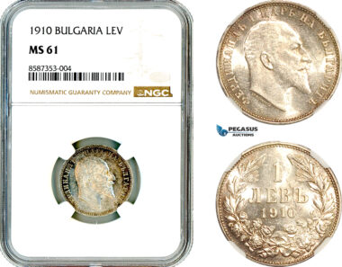 AL522, Bulgaria, Ferdinand I, 1 Lev 1910, Silver, NGC MS61