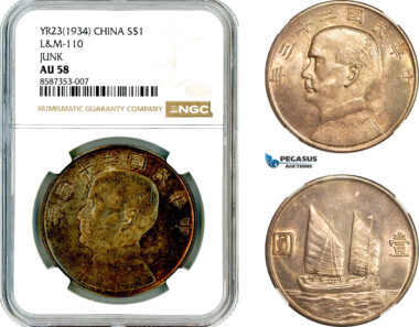 AL524, China, "Junk" Dollar Yr. 23 (1934), Silver, L&M-110, NGC AU58