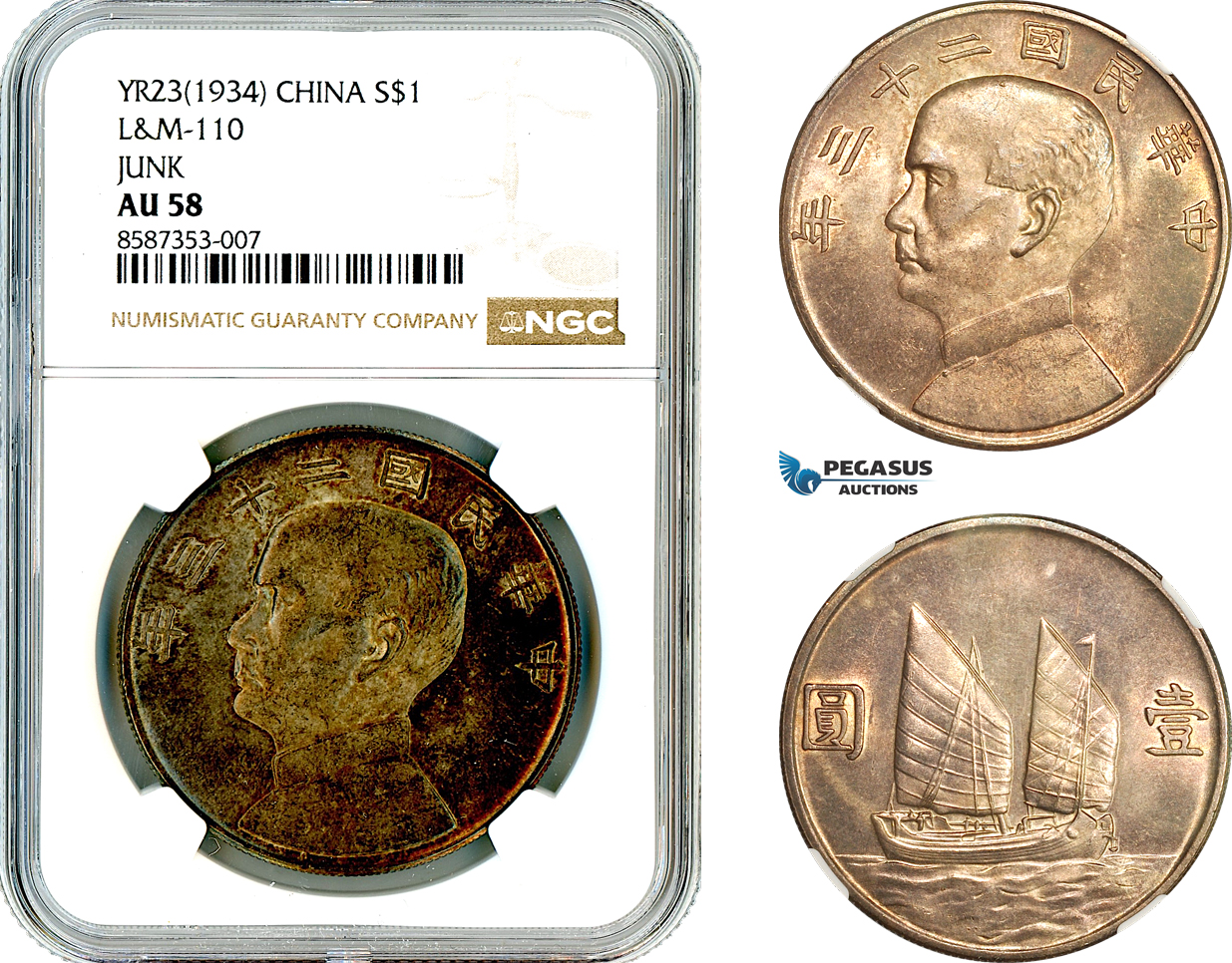 AL524, China, "Junk" Dollar Yr. 23 (1934), Silver, L&M-110, NGC AU58