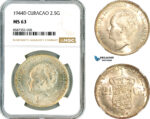 AL525, Netherlands Antilles, Curacao, Wilhelmina, 2 1/2 Gulden 1944 D, Denver Mint, Silver, NGC MS63