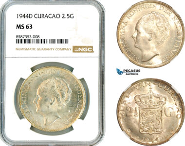 AL525, Netherlands Antilles, Curacao, Wilhelmina, 2 1/2 Gulden 1944 D, Denver Mint, Silver, NGC MS63