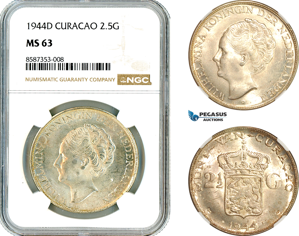 AL525, Netherlands Antilles, Curacao, Wilhelmina, 2 1/2 Gulden 1944 D, Denver Mint, Silver, NGC MS63