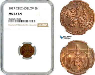AL526, Czechoslovakia, 5 Haleru 1927, Kremnica Mint, NGC MS62BN