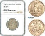 AL527, Czechoslovakia, 1 Koruna 1922, Kremnica Mint, NGC MS63