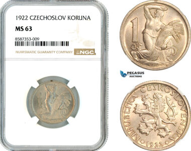 AL527, Czechoslovakia, 1 Koruna 1922, Kremnica Mint, NGC MS63