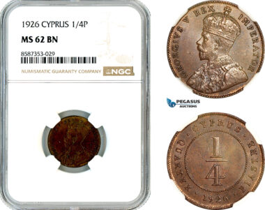AL528, Cyprus, George V, 1/4 Piastre 1926, London Mint, NGC MS62BN
