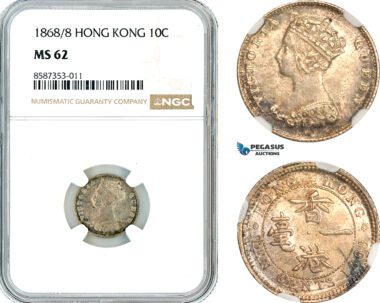 AL531, Hong Kong, Victoria, 10 Cents 1868/8, London Mint, Silver, NGC MS62, Top Pop and single finest graded!