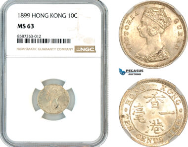 AL532, Hong Kong, Victoria, 10 Cents 1899, London Mint, Silver, NGC MS63