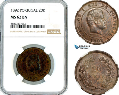 AL533, Portugal, Charles I, 20 Reis 1892, Lisbon Mint, NGC MS62BN