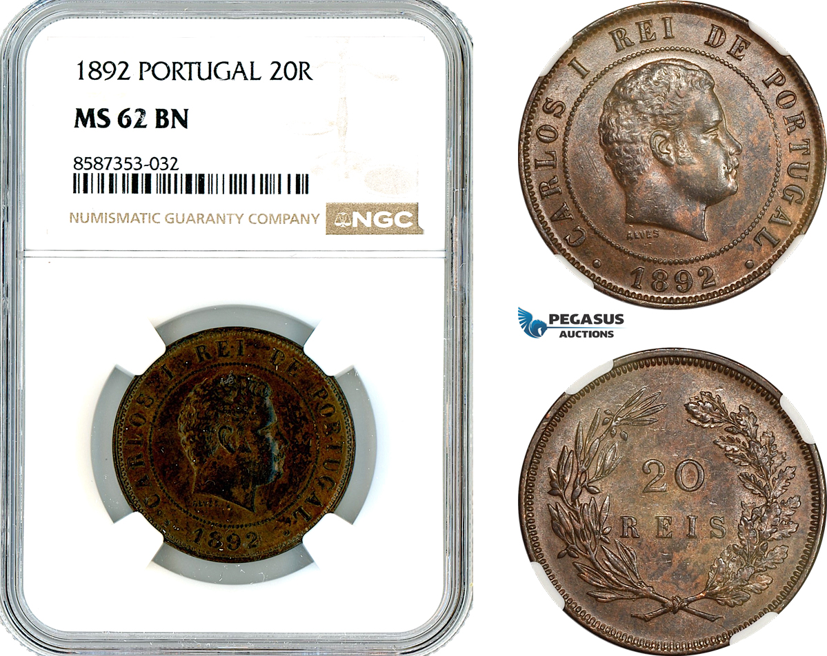 AL533, Portugal, Charles I, 20 Reis 1892, Lisbon Mint, NGC MS62BN