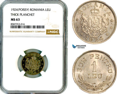 AL535, Romania, Ferdinand, 1 Leu 1924, Poissy Mint, Thick Planchet, NGC MS63