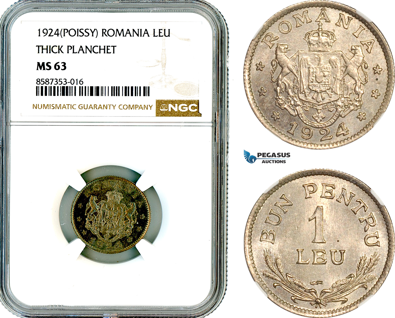 AL535, Romania, Ferdinand, 1 Leu 1924, Poissy Mint, Thick Planchet, NGC MS63