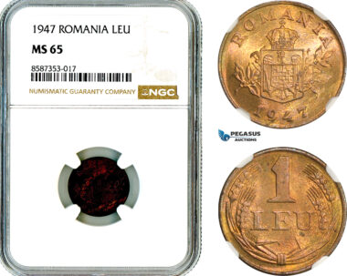 AL536, Romania, Mihai I, 1 Leu 1947, Bucharest Mint, NGC MS65