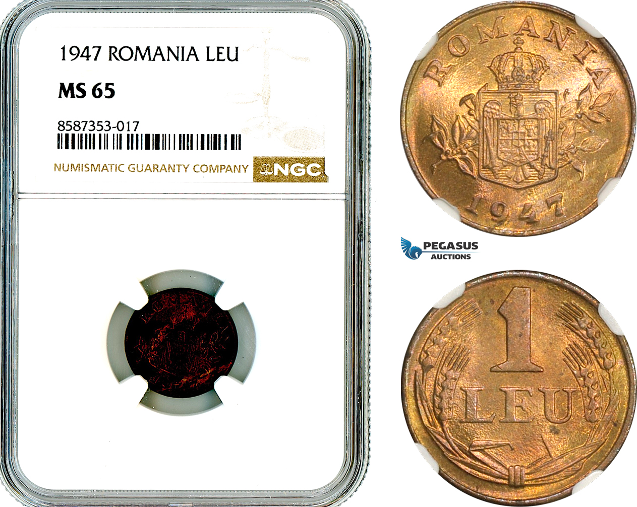 AL536, Romania, Mihai I, 1 Leu 1947, Bucharest Mint, NGC MS65