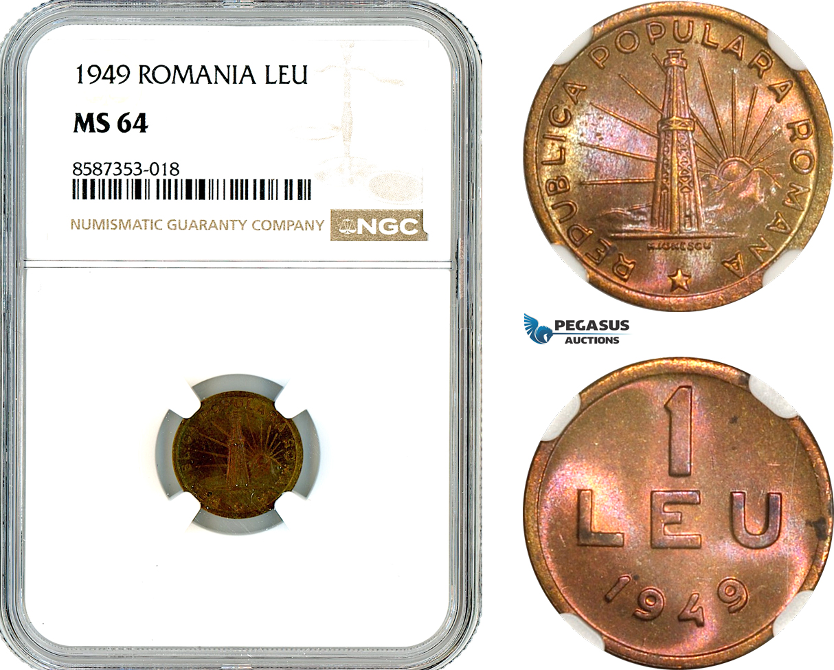 AL537, Romania, Peoples Republic, 1 Leu 1949, Bucharest Mint, NGC MS64