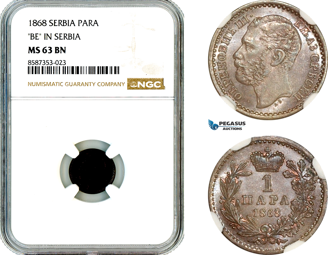 AL540, Serbia, M. Obrenovic III, 1 Para 1868 "BE in Serbia" NGC MS63BN