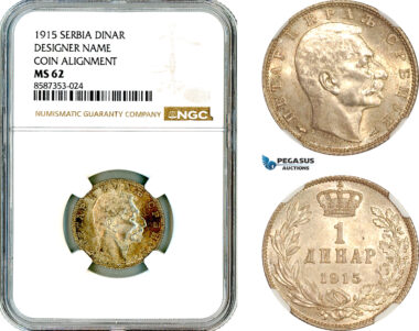 AL541, Serbia, Petar I, 1 Dinar 1915, Paris Mint, Coin alignment, Designer's name, Silver, NGC MS62