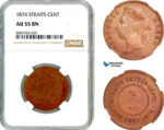 AL543, Straits Settlements, Victoria, 1 Cent 1874, Calcutta Mint, NGC AU55BN