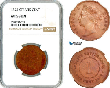 AL543, Straits Settlements, Victoria, 1 Cent 1874, Calcutta Mint, NGC AU55BN