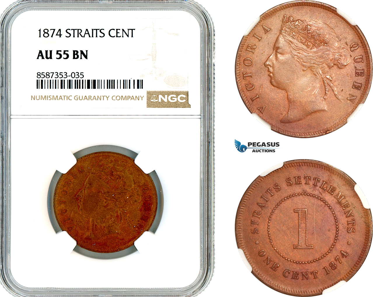AL543, Straits Settlements, Victoria, 1 Cent 1874, Calcutta Mint, NGC AU55BN
