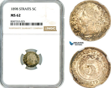 AL544, Straits Settlements, Victoria, 5 Cents 1898, London Mint, Silver, NGC MS62