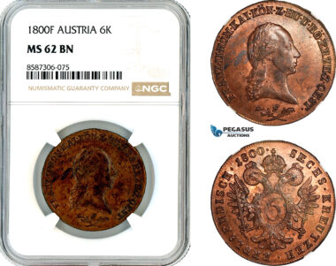 AL548, Austria, Franz II, 6 Kreuzer 1800 F, Hall Mint, NGC MS62BN