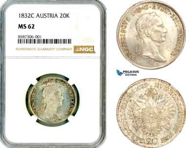 AL549, Austria, Francisc I, 20 Kreuzer 1832 C, Prague Mint, Silver, NGC MS62, Top Pop and single finest graded!