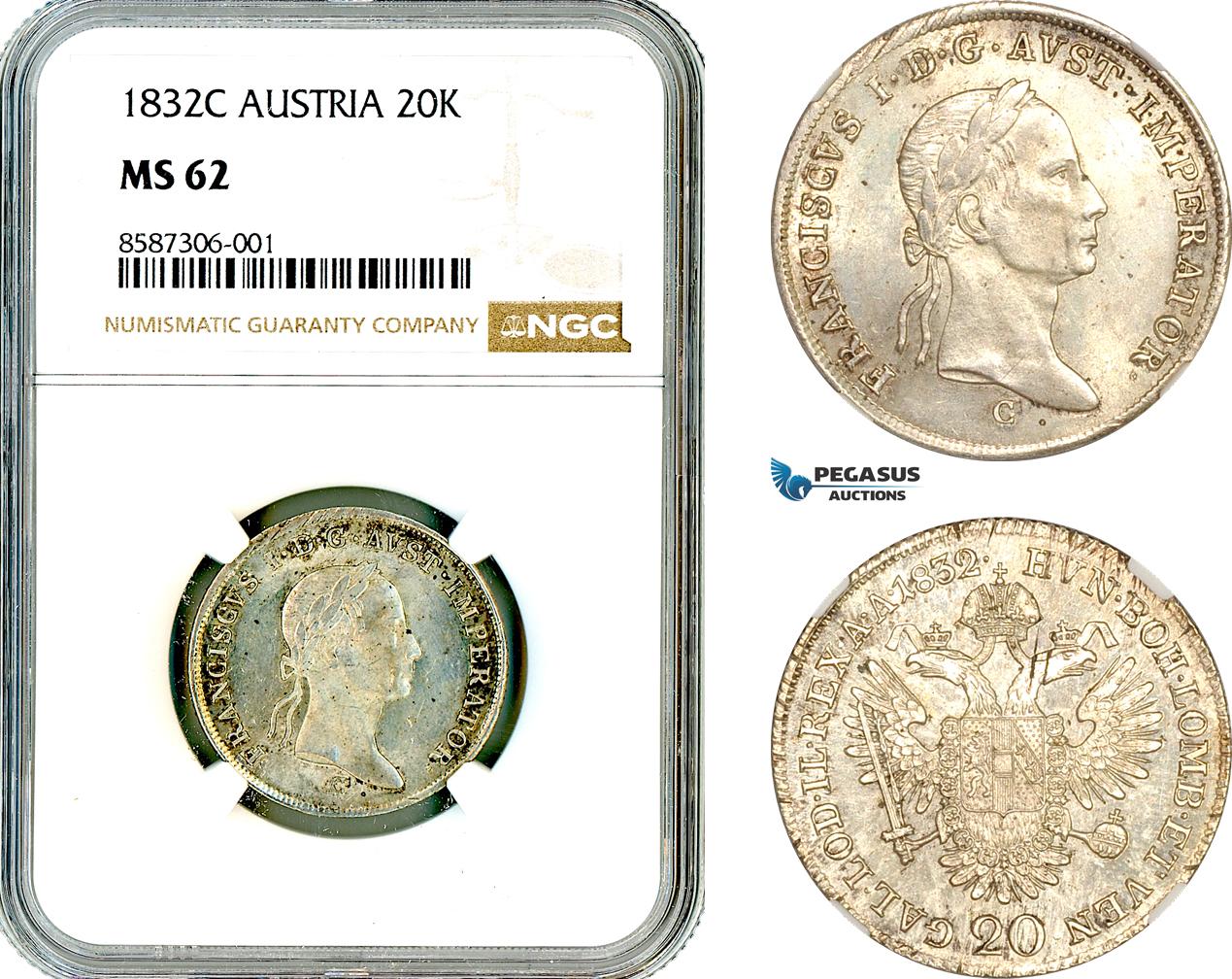 AL549, Austria, Francisc I, 20 Kreuzer 1832 C, Prague Mint, Silver, NGC MS62, Top Pop and single finest graded!